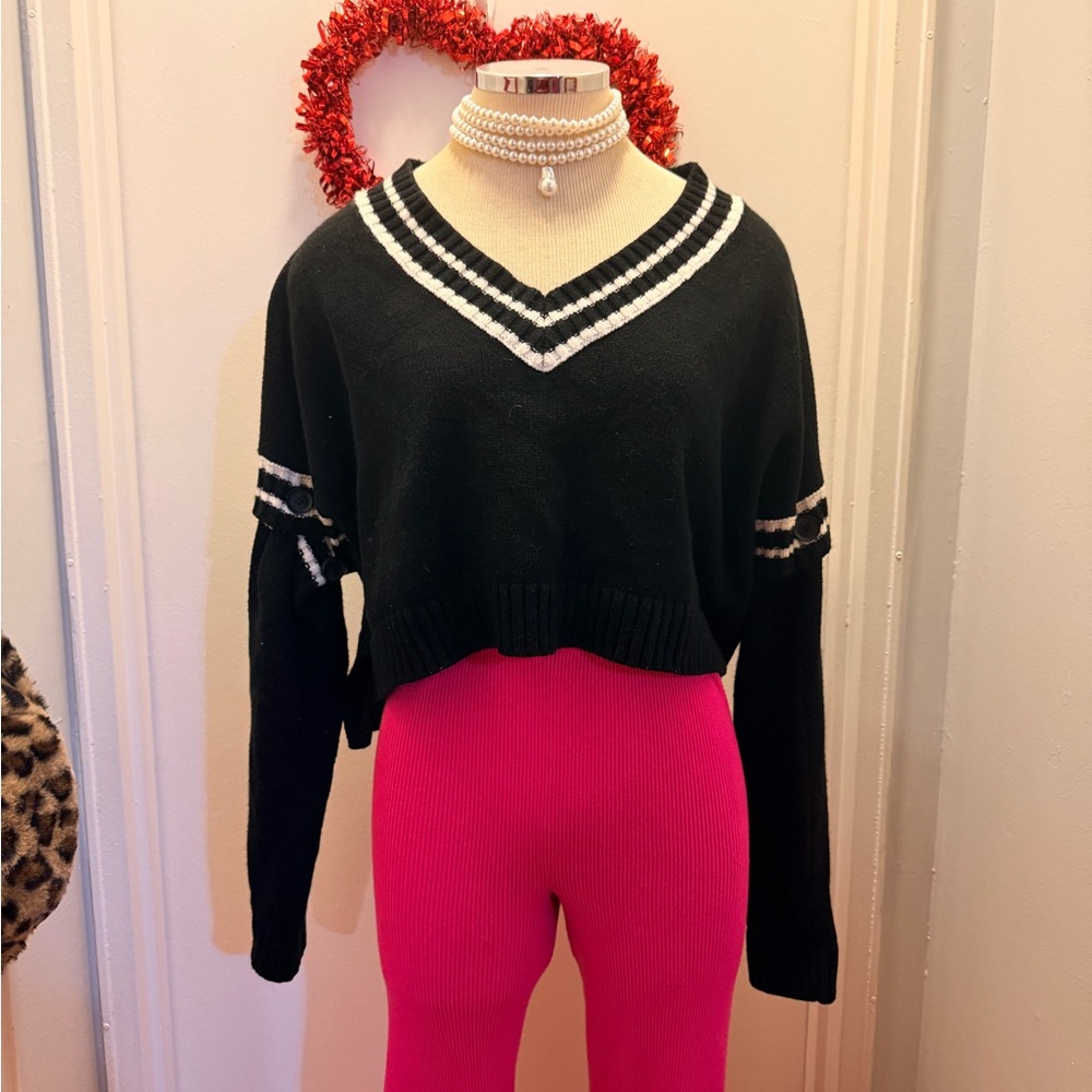 Rehab Black and White V-Neck Women's Sweater